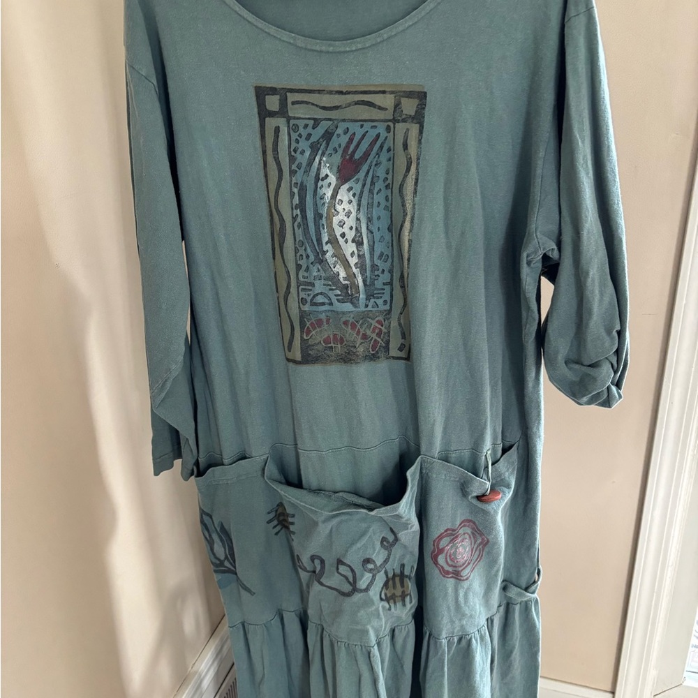 Vintage Blue Fish hand painted teal  Dress with front pockets. Rare! Sz 1